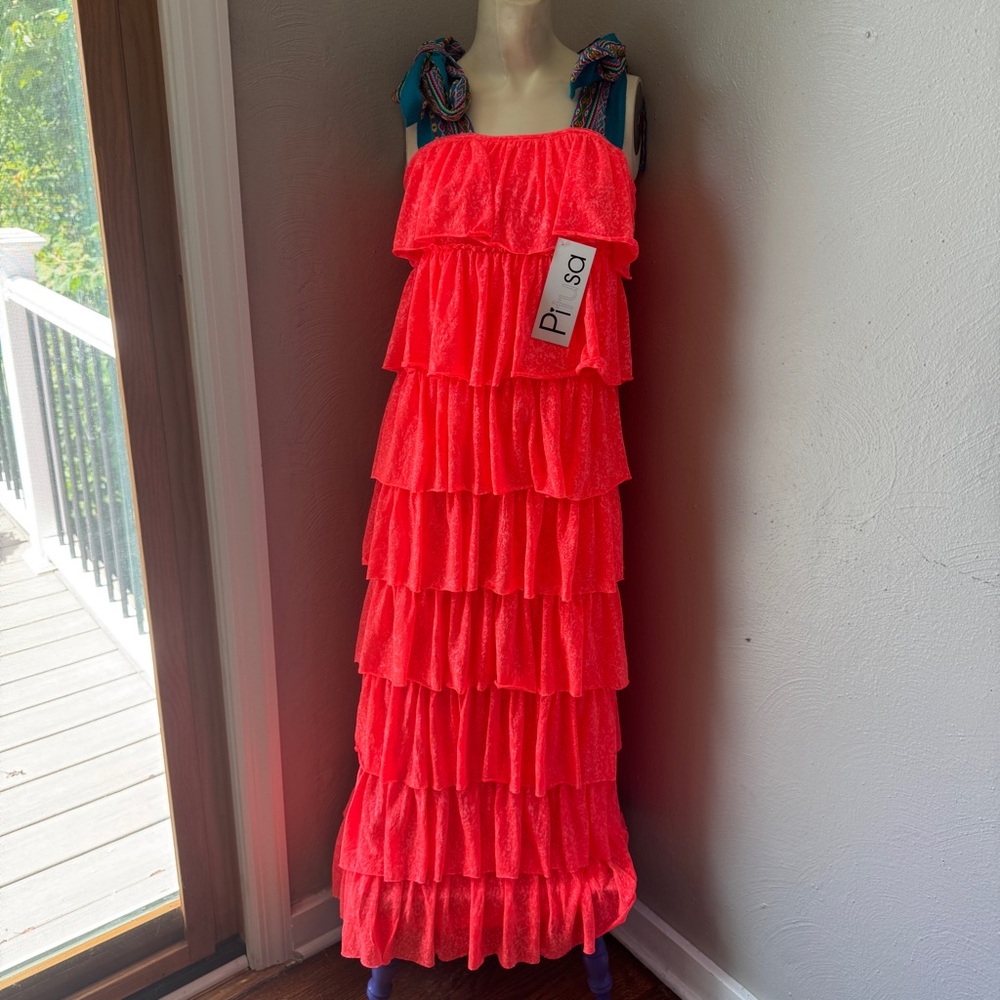 Pitusa maxi layered neon orange sundress size petite NWT